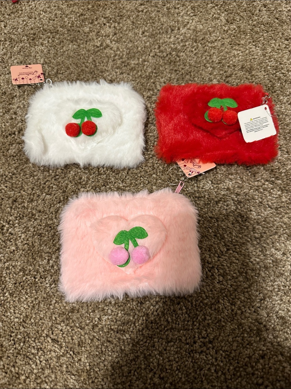 Fuzzy Cherry Coin Purse - White, Pink and Red (set of 3)